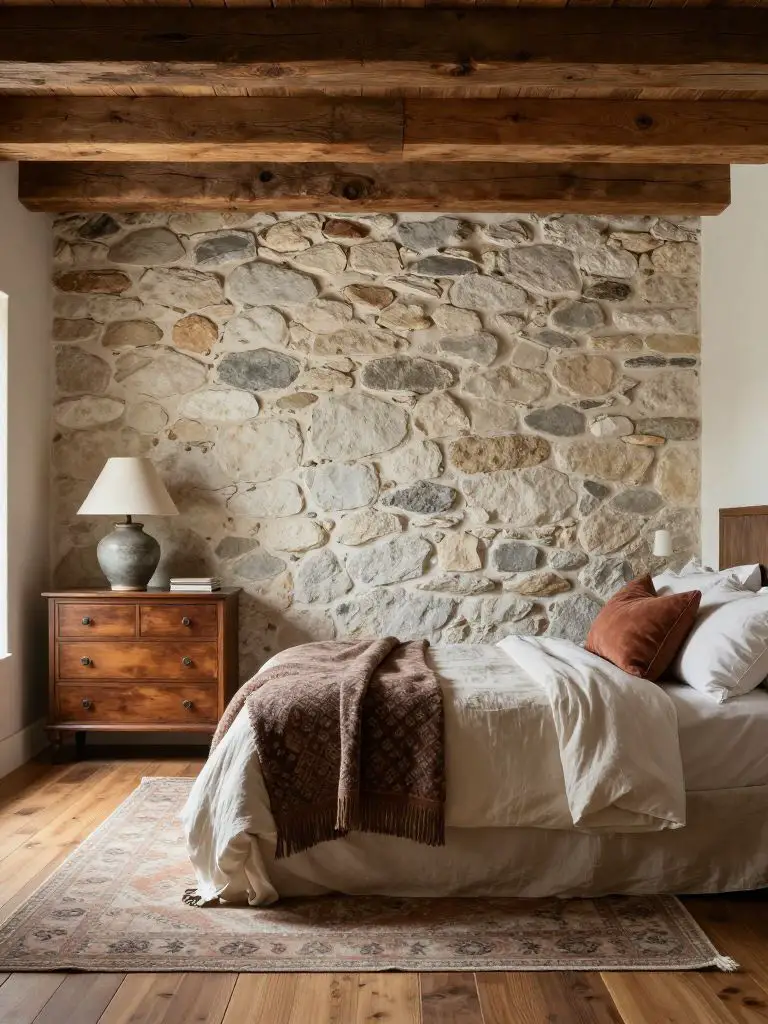A rustic bedroom featuring a partial exposed stone accent wall combined with reclaimed wood beams overhead.