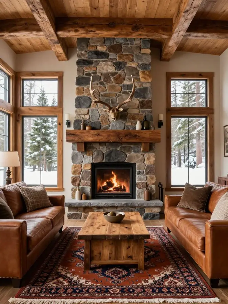 A rustic mountain cabin living room centered around a grand stacked-stone fireplace with a thick reclaimed wood mantel and mounted antlers a.