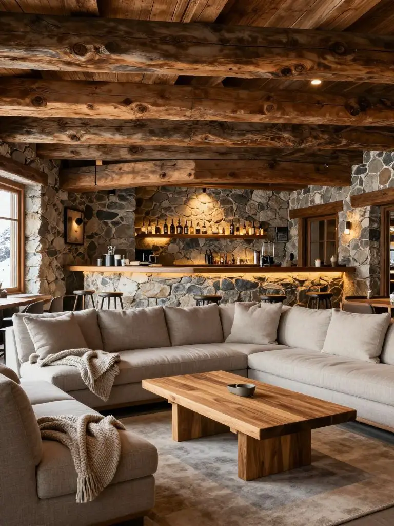 A rustic mountain cabin lounge showcasing exposed reclaimed timber beams, textured stone walls, and a cozy neutral sectional placed prominen.