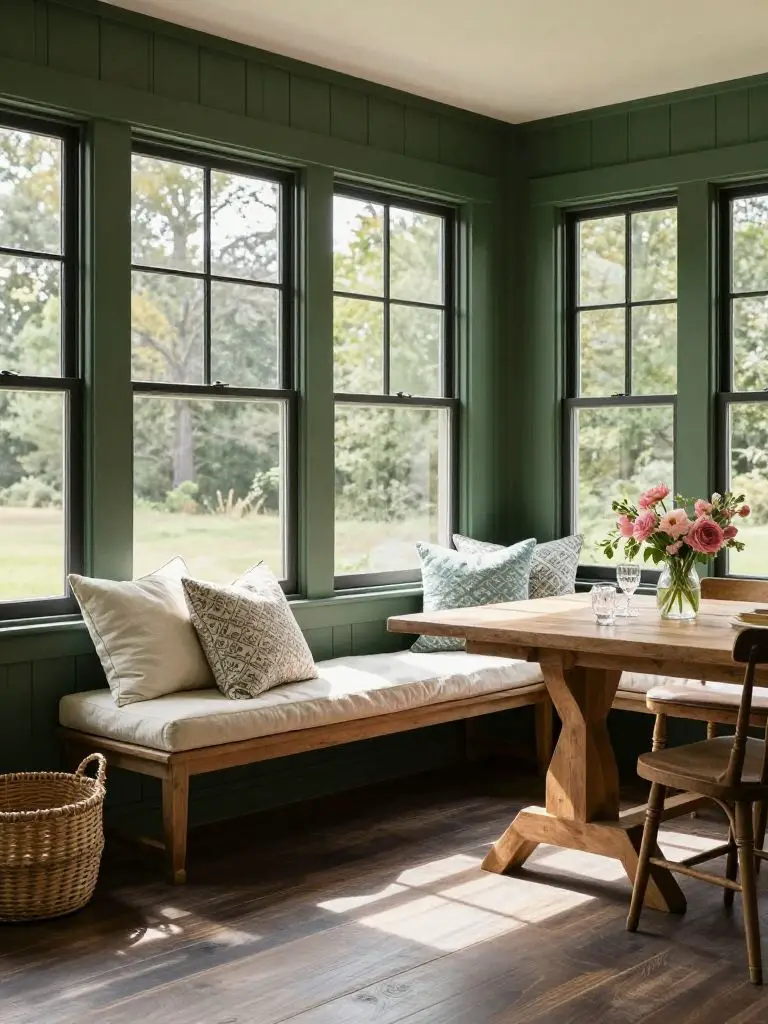 A rustic sunroom in Modern Farmhouse style featuring dark green paneled walls and floor-to-ceiling black-framed windows as the defining arch.