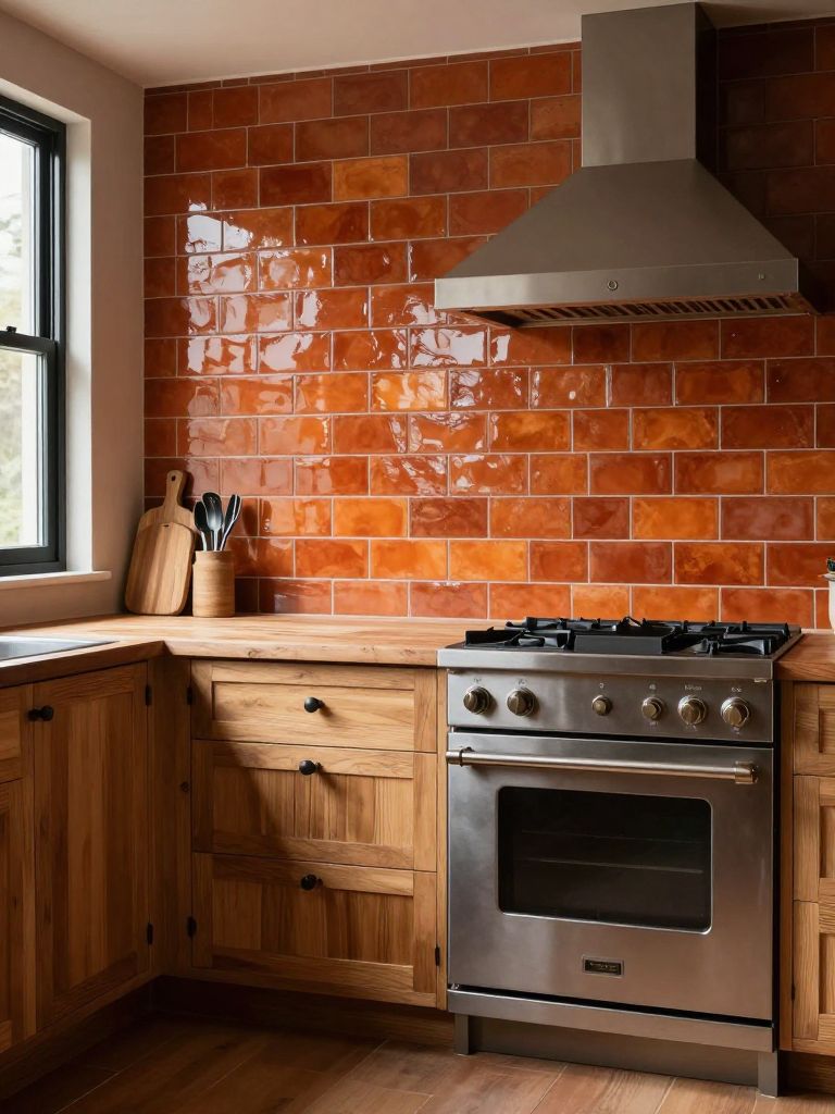 A rustic earthy kitchen defined by glossy terracotta subway tiles forming a bold backsplash behind a stainless steel range and vent hood.
