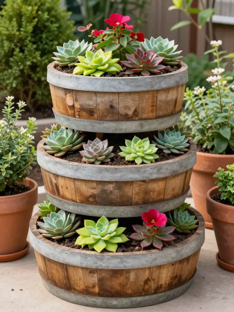 A rustic three-tier barrel planter standing vertically in a small backyard garden bed, styled in Modern Rustic charm.