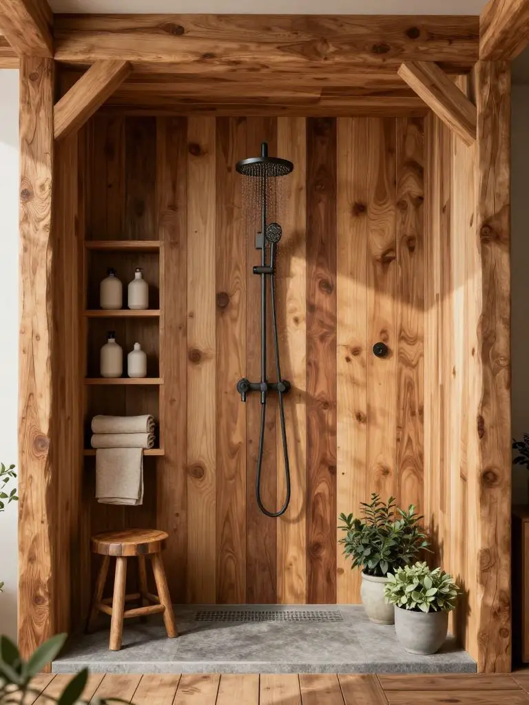 A rustic off grid shower framed by a sturdy exposed timber beam structure in a warm minimalist and modern rustic blend.