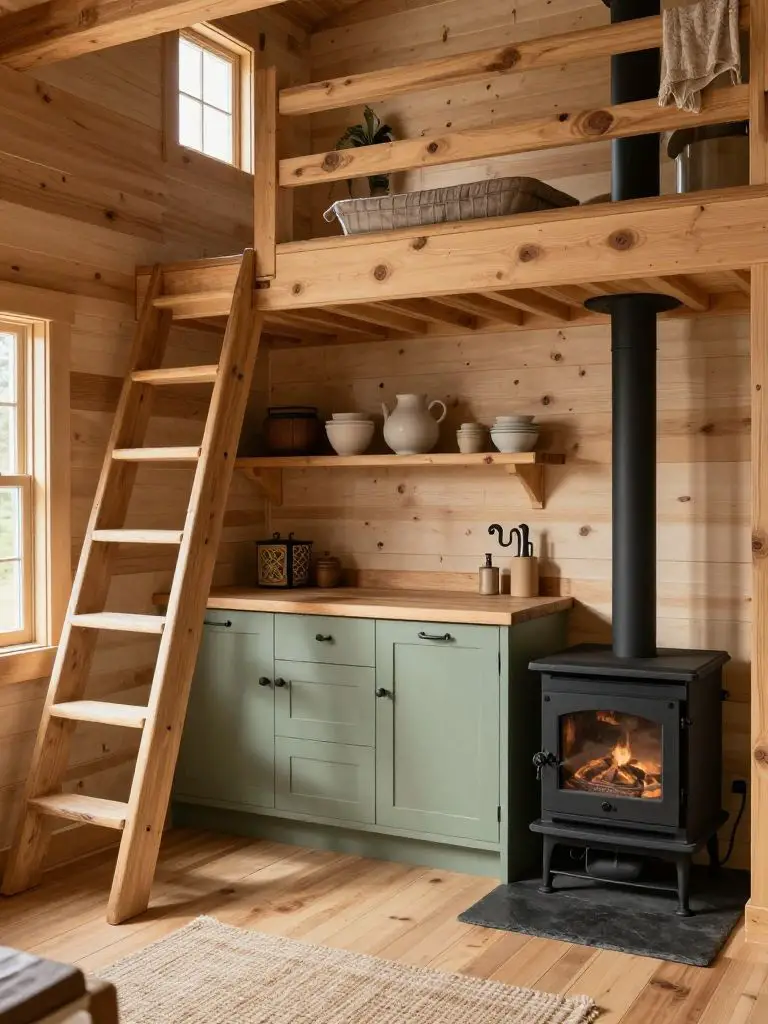 A rustic tiny cabin kitchen with integrated ladder loft, styled in Modern Rustic farmhouse design.