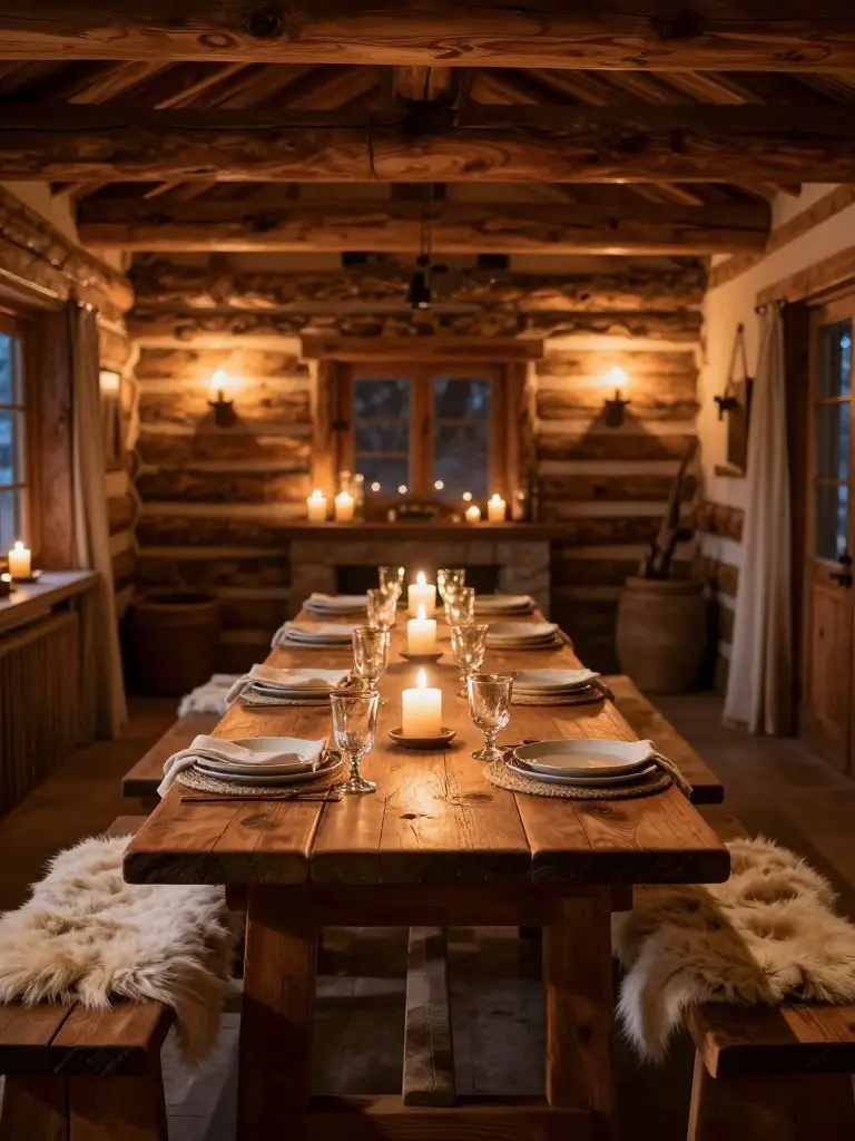 A rustic winter cabin dining room styled for an intimate candlelit gathering, featuring a long reclaimed wood farmhouse table extending from.