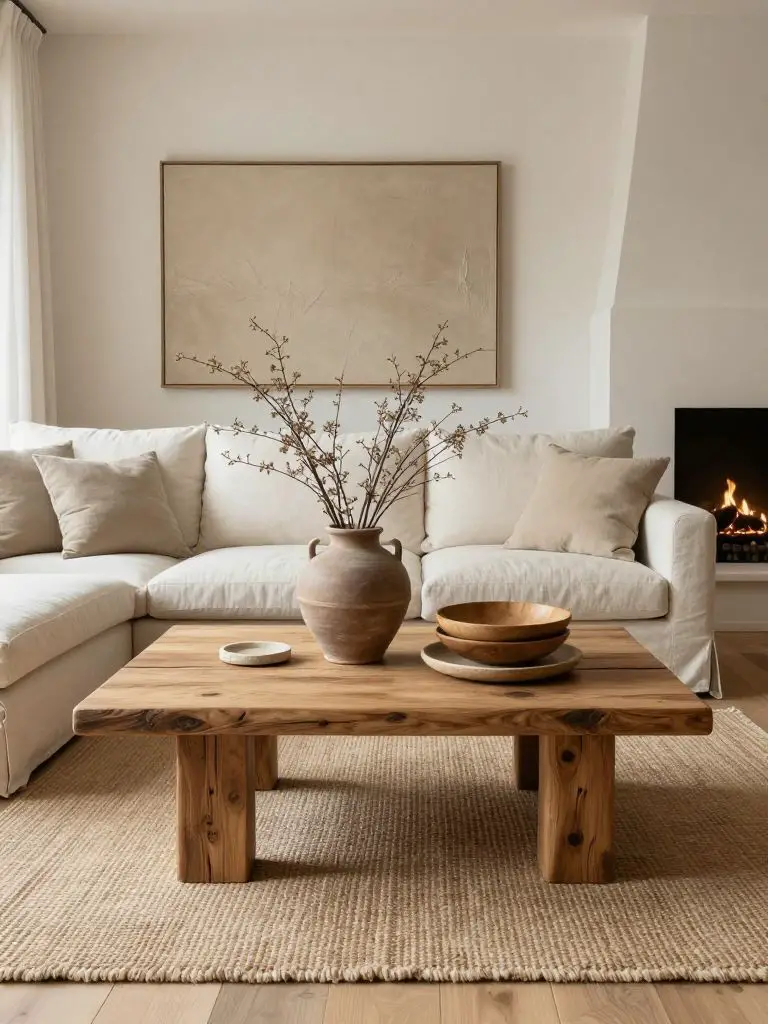 A cozy neutral minimalist living room centered around a chunky reclaimed oak coffee table as the hero object, styled in Modern Rustic warmth.