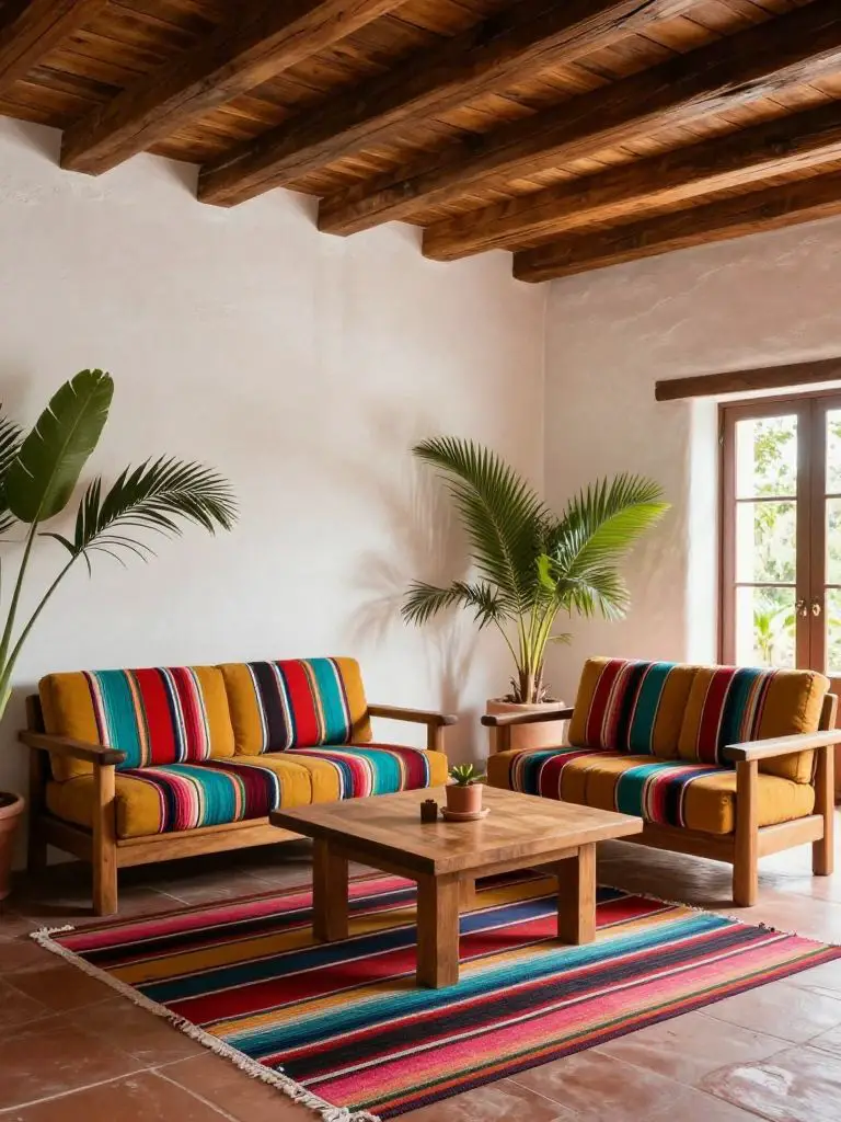 A rustic Mexican style living room with exposed dark wooden ceiling beams and white stucco walls creating a warm hacienda atmosphere.