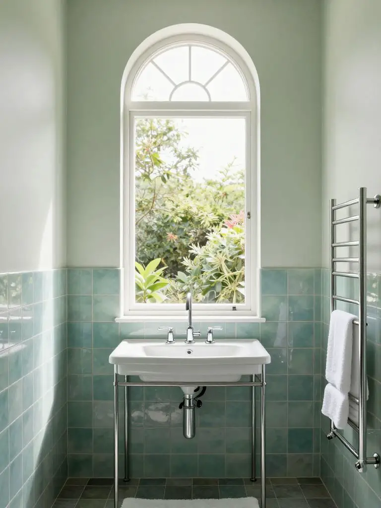 A bright sage green bathroom anchored by a tall arched window with white mullions, flooding the space with natural daylight.