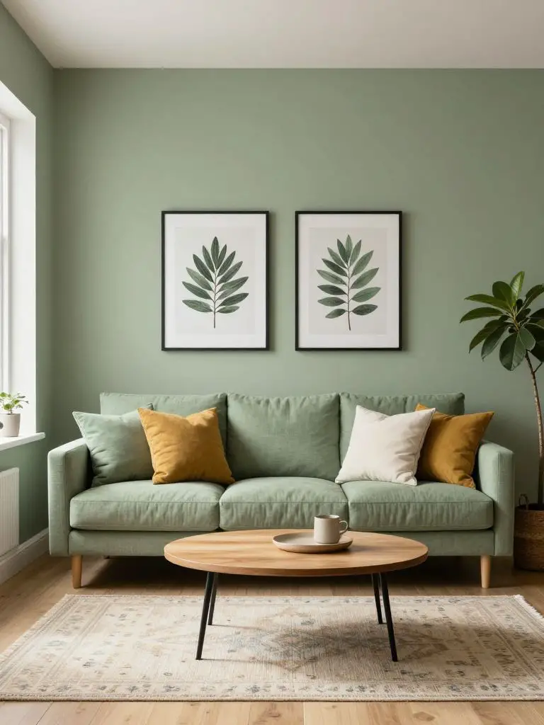 A sage green sustainable living room corner featuring a compact sectional positioned under two botanical art prints in black frames.