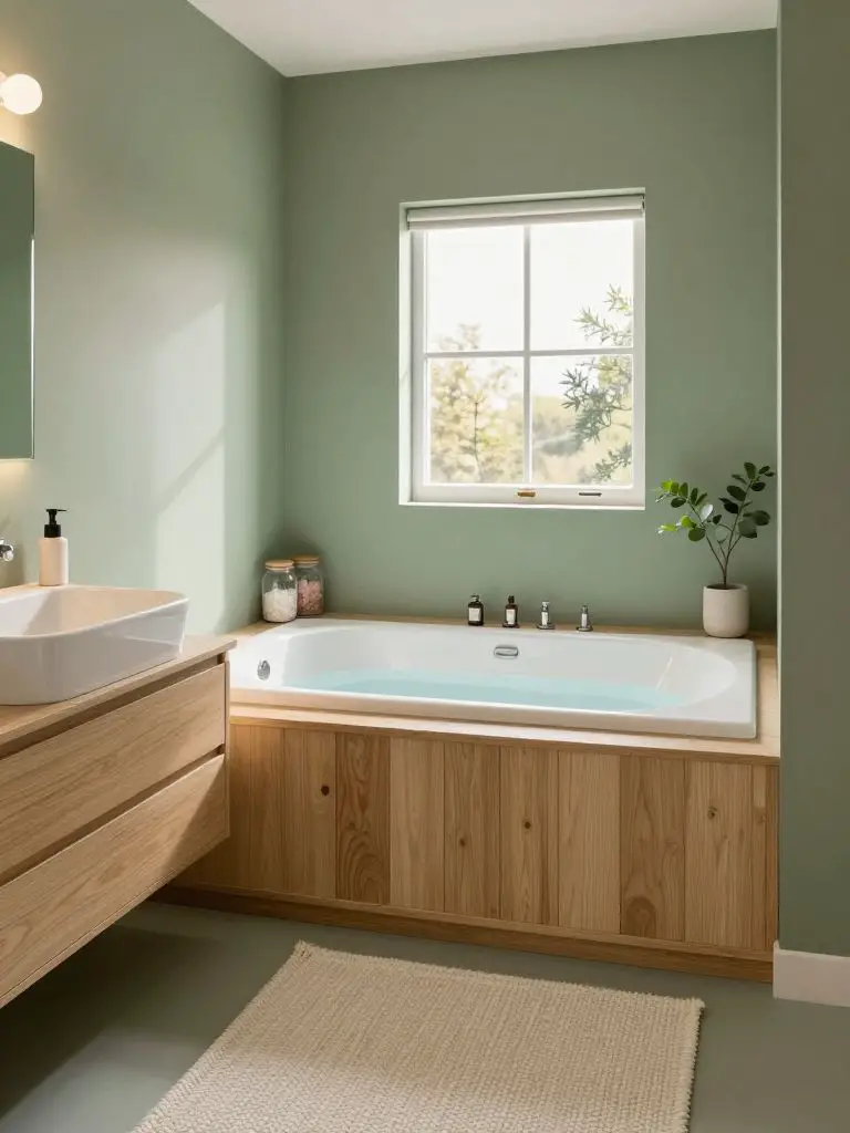 A cozy bathtub nook with sage green walls and a built-in soaking tub wrapped in light natural wood paneling.