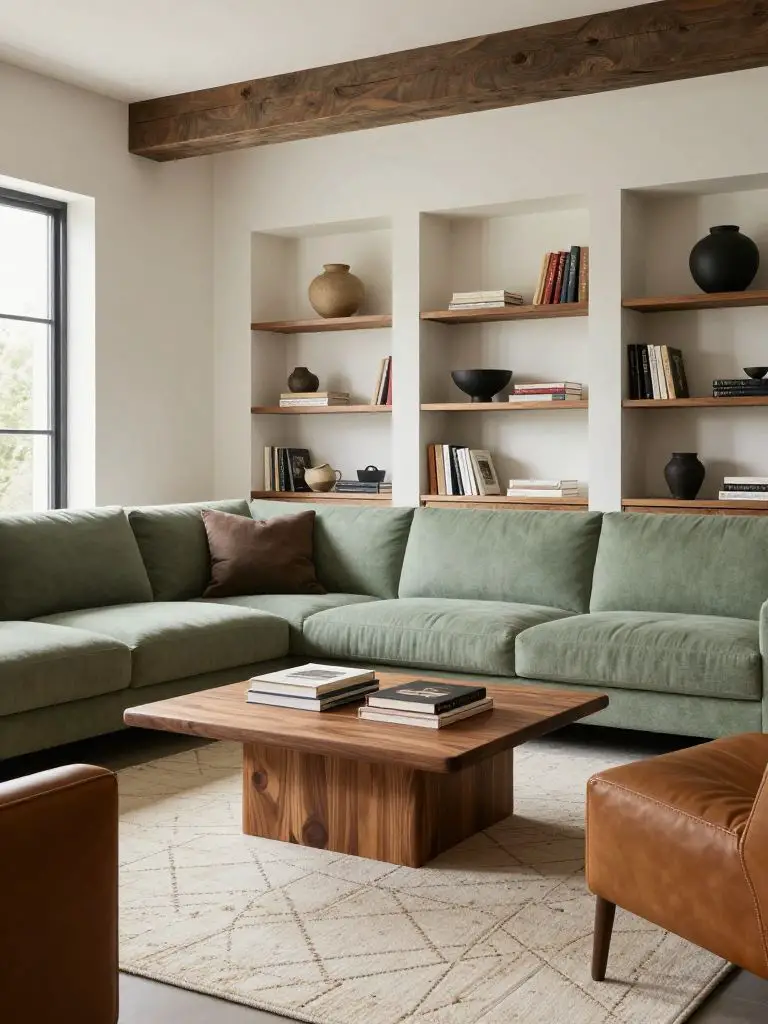 A modern earthy living room anchored by a sage green sectional positioned against a white wall with exposed ceiling beam above.