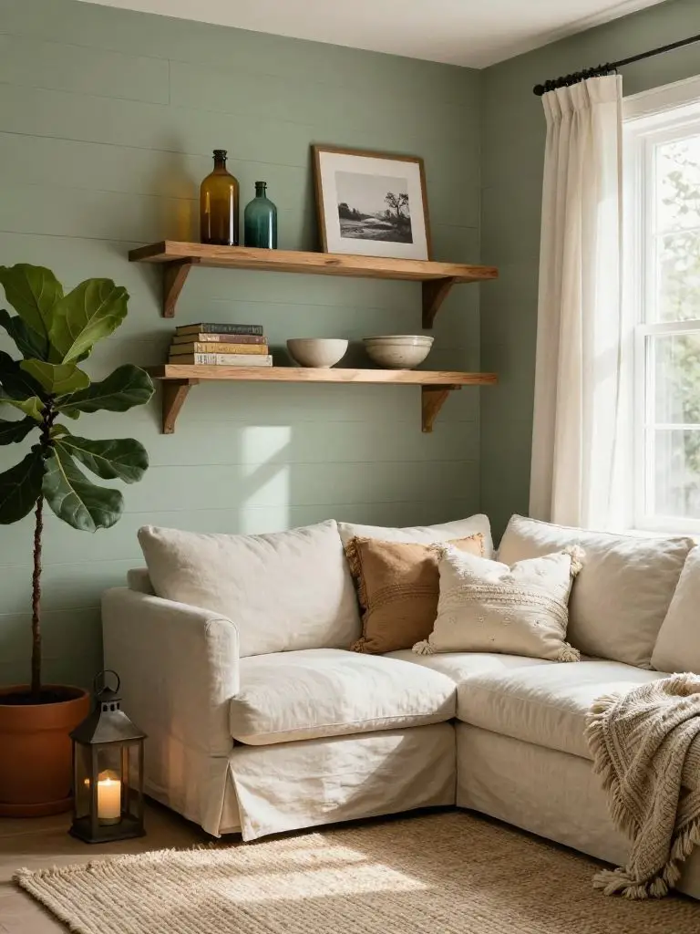 A serene boho country living room featuring soft sage green shiplap walls and two floating natural oak shelves styled with amber and teal gl.