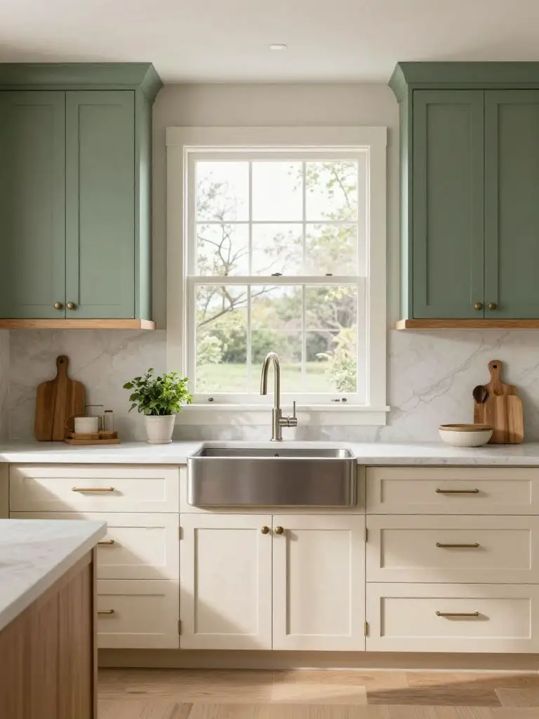Airy kitchen remodel with sage green upper cabinets as the hero focal point, positioned above creamy shaker base cabinets and framed by a wi.