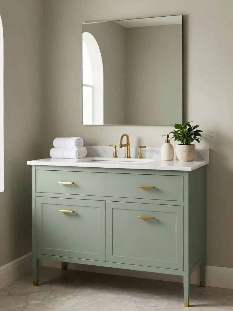 A refined bathroom scene highlighting a sage green shaker-style vanity with slim brushed brass pulls and a white marble countertop featuring.
