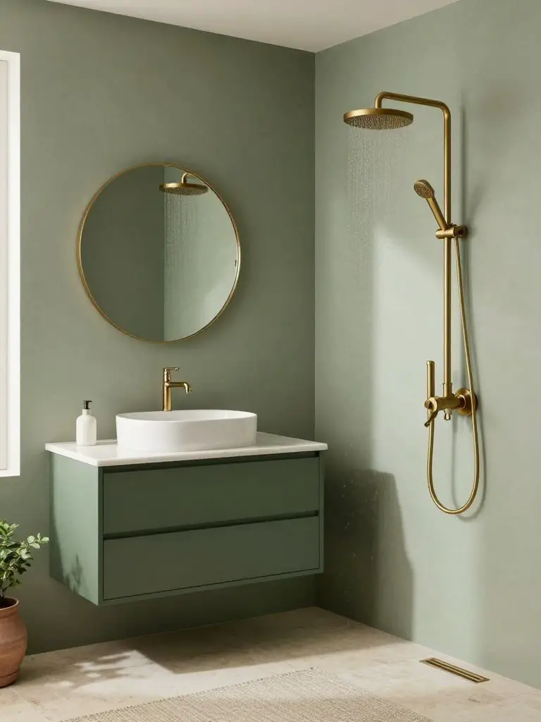 A contemporary sage green bathroom with smooth matte sage walls and brushed brass rainfall shower fixtures mounted against the wall.