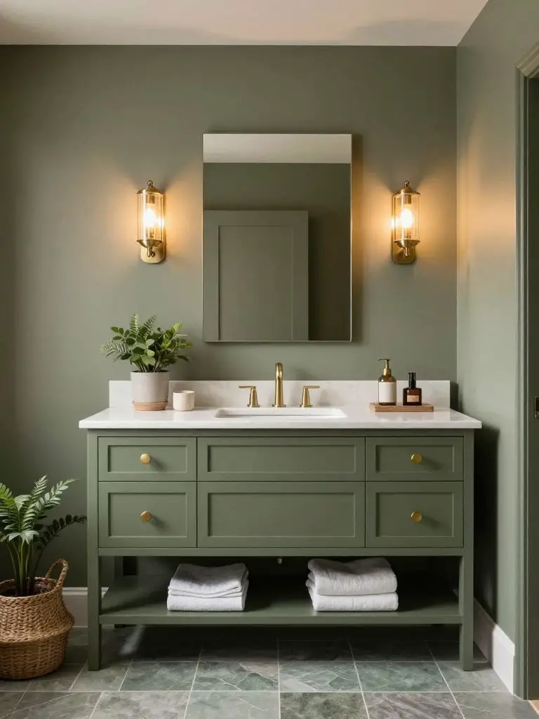 A sage olive green vanity bathroom styled in Warm Minimalist elegance with layered ambient lighting.