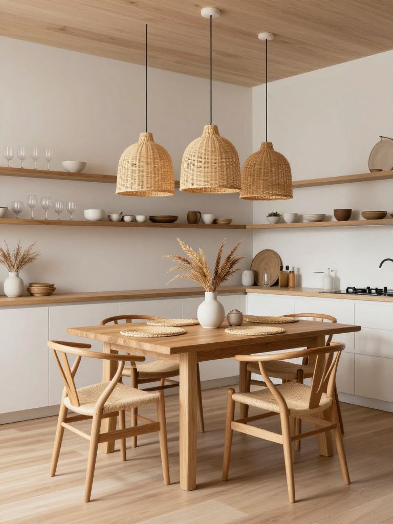A Scandinavian-inspired earthy dining nook connected to the kitchen, featuring a rectangular light oak table and matching curved wood chairs.