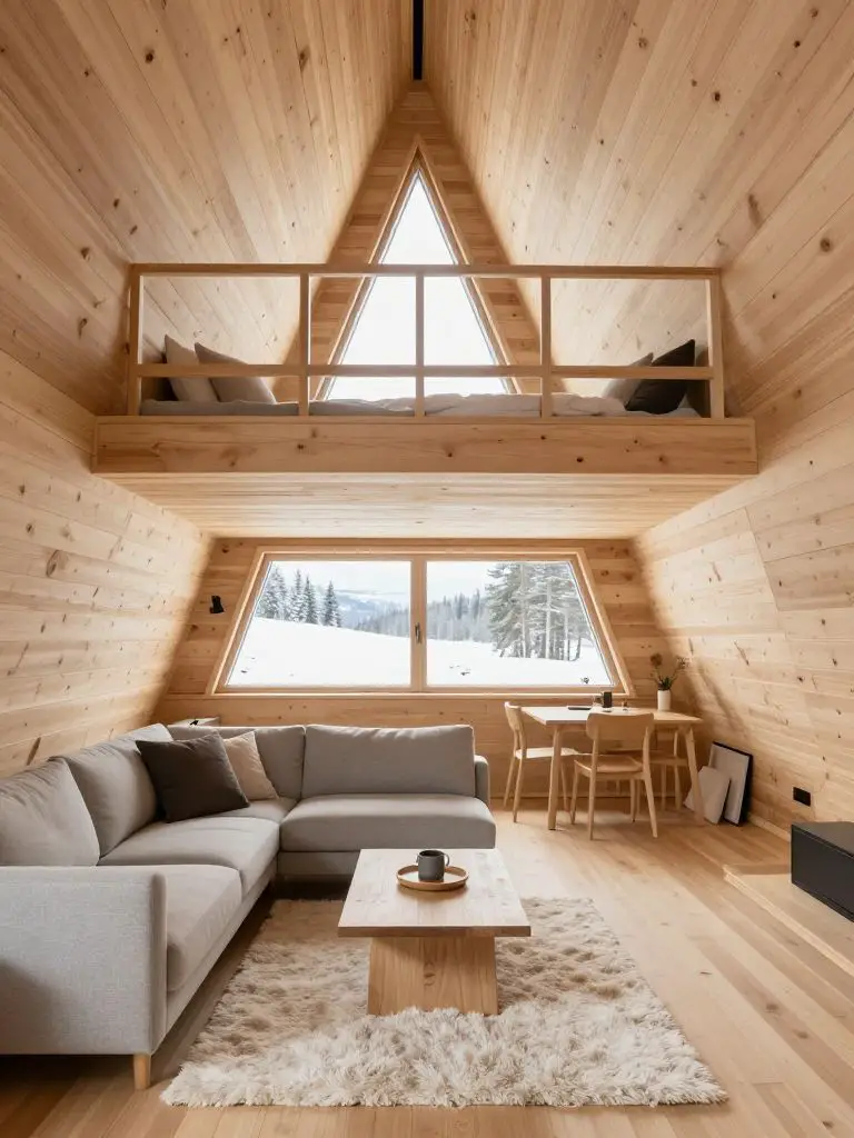 A Scandinavian-inspired A-frame mountain cabin interior with pale pine wood paneling throughout and a lofted mezzanine above.