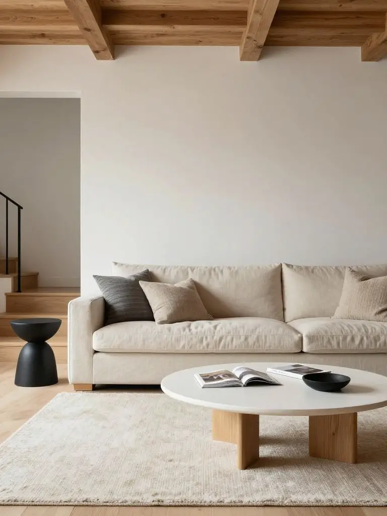 A Scandinavian-inspired minimalist living room with exposed natural wood ceiling beams and soft white walls.