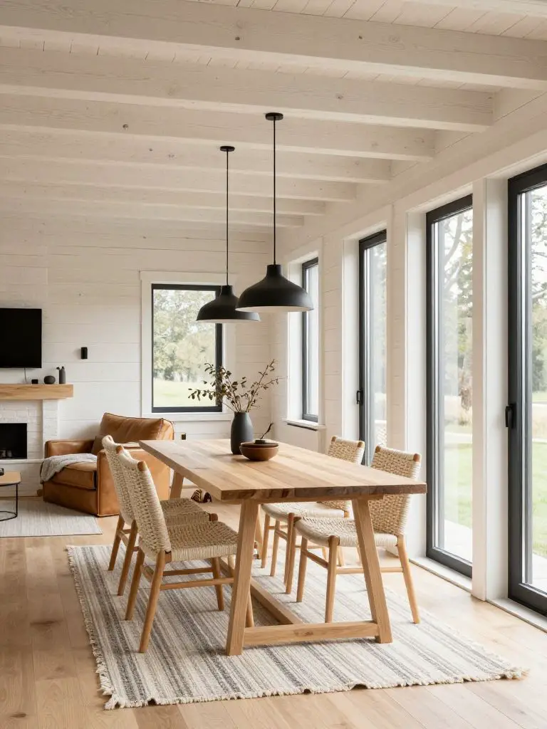 A Scandinavian-inspired modern rustic cabin design interior with light pine shiplap walls and exposed white-painted ceiling beams.