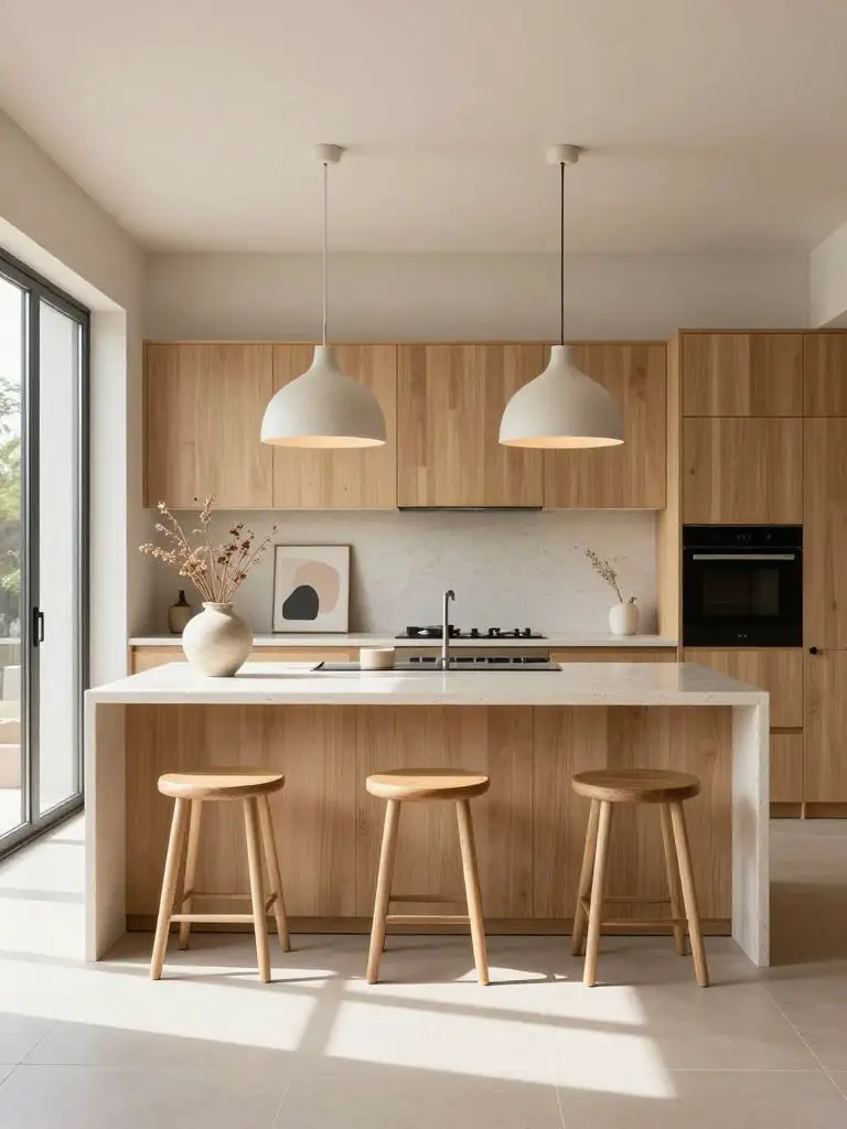 A Scandinavian Japanese kitchen featuring flat-panel light oak cabinetry paired with a seamless creamy quartz island and integrated seating.
