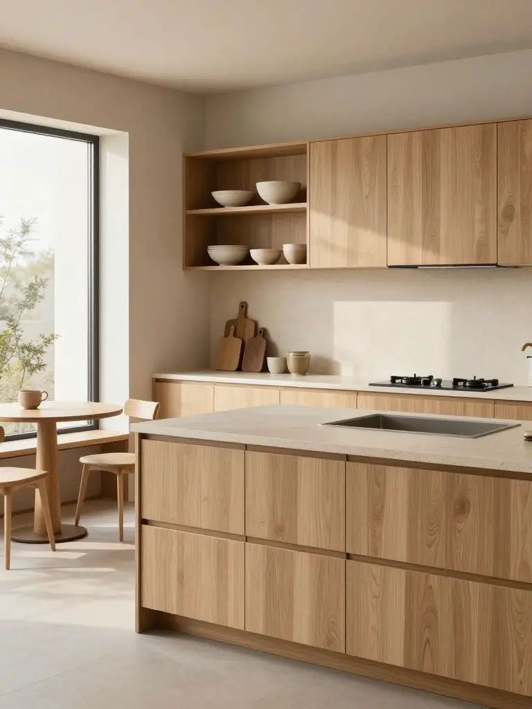 A Scandinavian Japanese kitchen featuring flat-panel light oak cabinetry paired with a seamless beige quartz countertop and integrated sink.