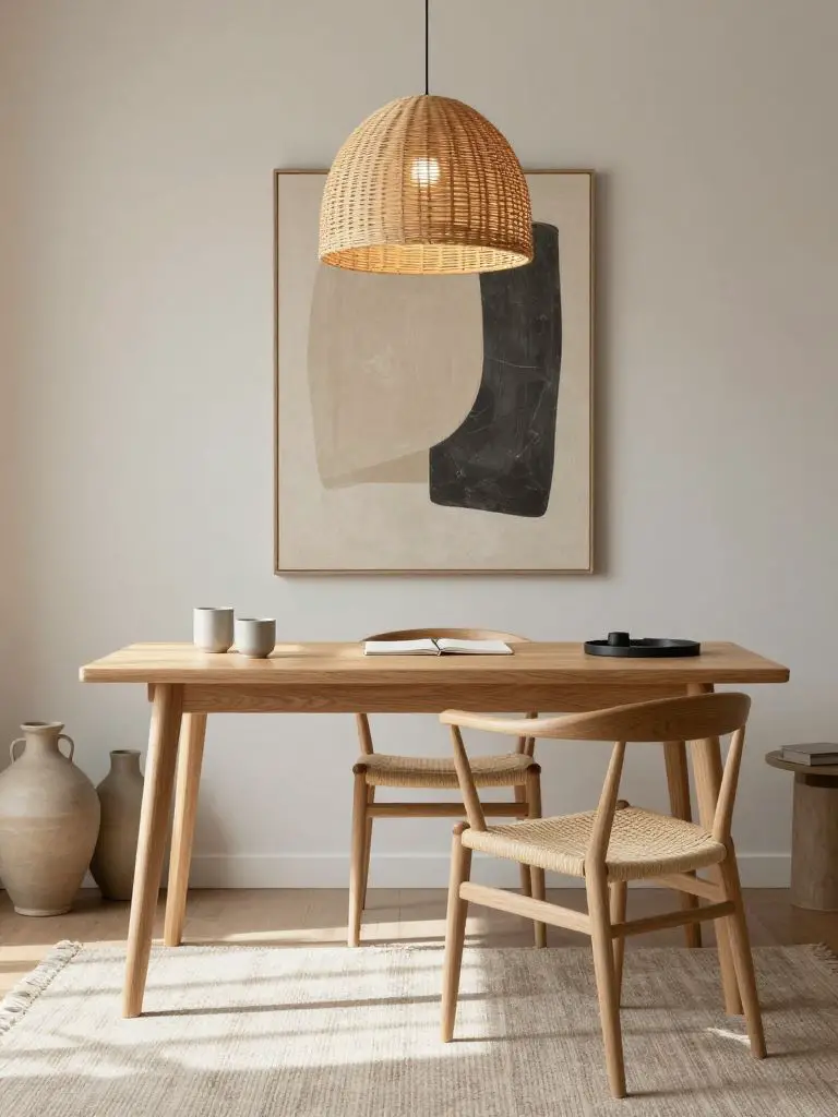 A Scandinavian-Japanese home office featuring a light oak desk positioned beneath a large abstract art piece in warm beige and charcoal tone.
