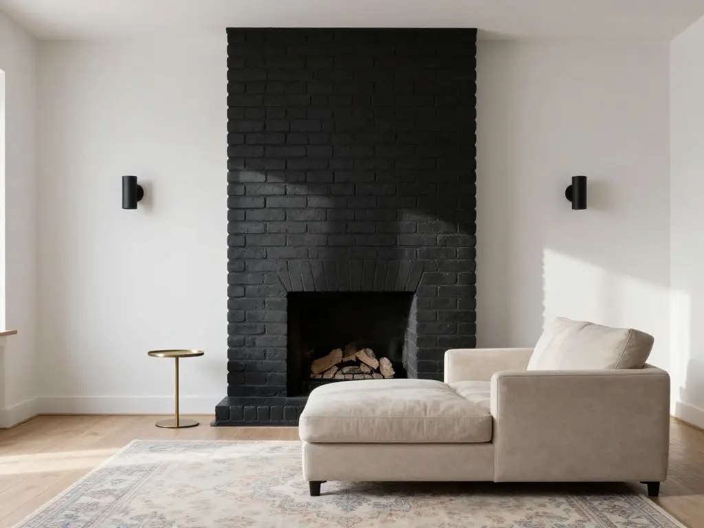 A Scandinavian minimalist living room featuring a black painted brick fireplace as a bold vertical element against crisp white walls.