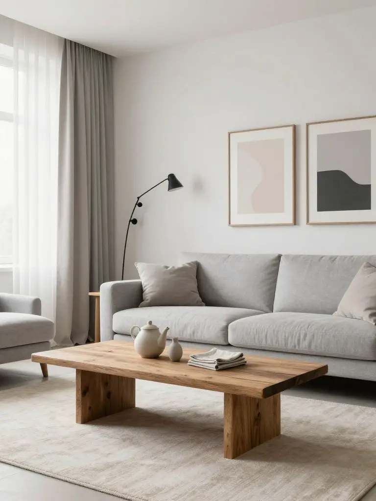 A Scandinavian-inspired neutral living room featuring a rustic reclaimed wood coffee table as the central focal point.