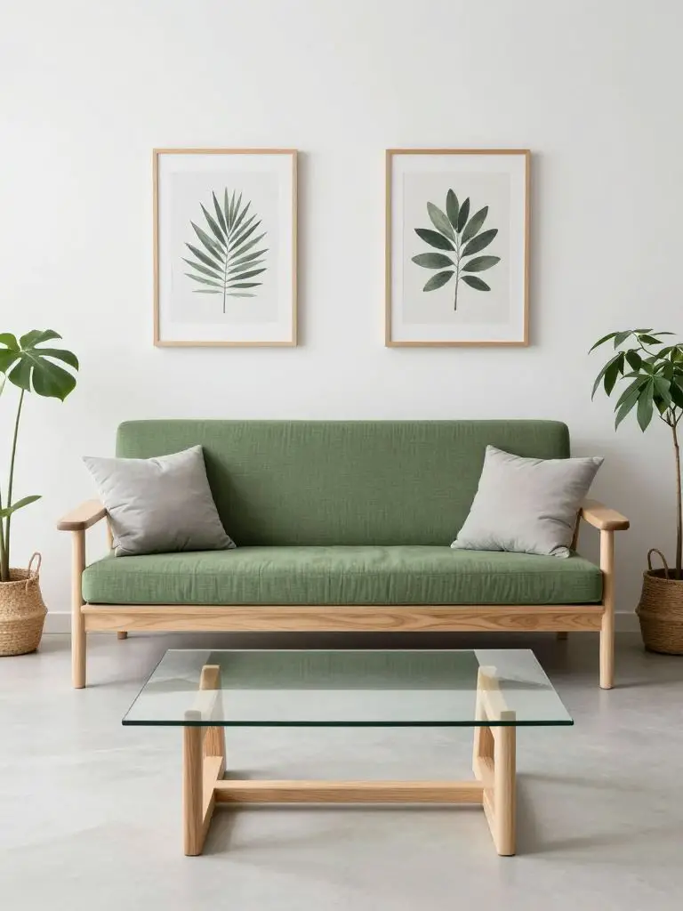 A Scandinavian sustainable living room with light FSC birch furniture and a compact green futon-style sofa centered in a bright white interi.