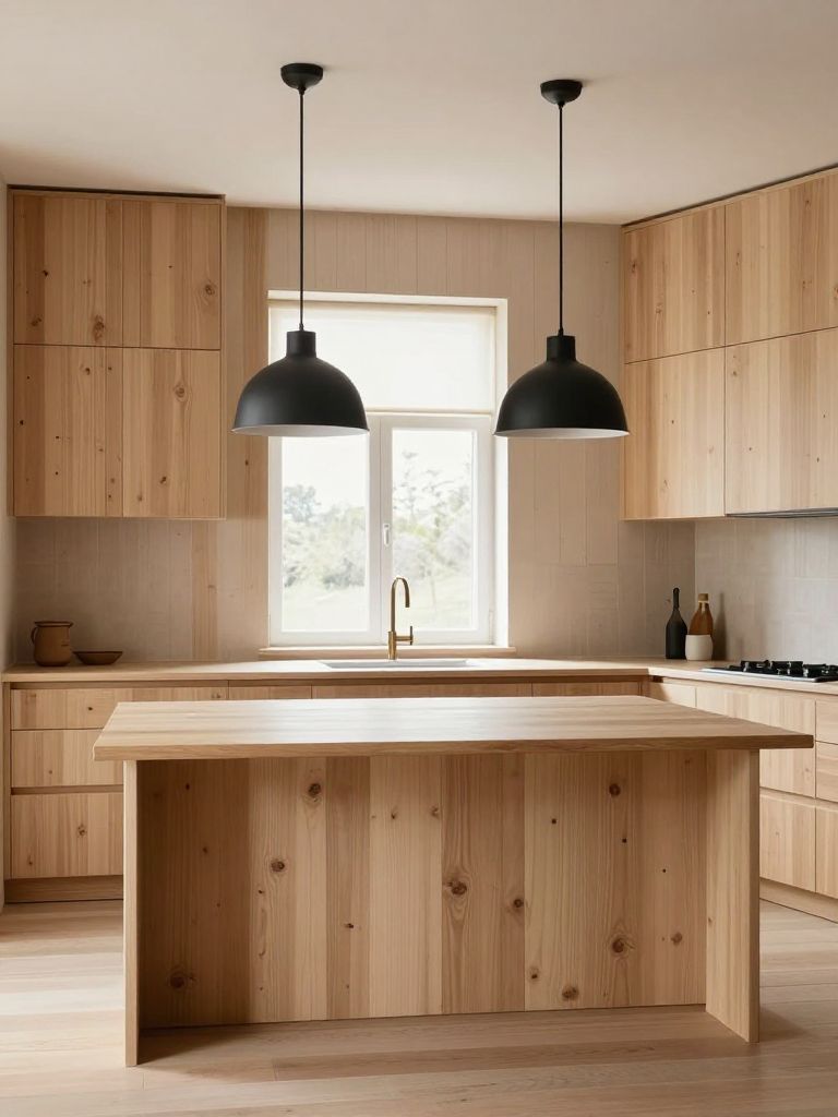 A Scandinavian-inspired earthy kitchen fully wrapped in light pine wood paneling across walls and cabinetry for a cohesive minimalist look.
