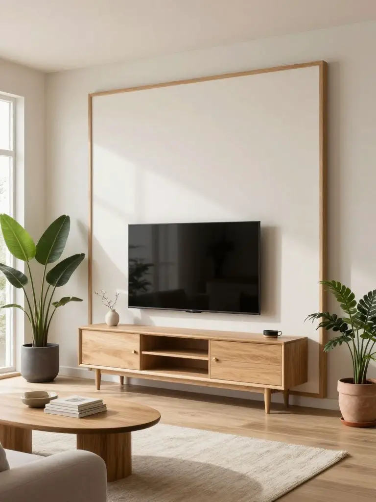 A Scandinavian-inspired minimalist TV wall with a natural oak frame detail surrounding a wall-mounted television.