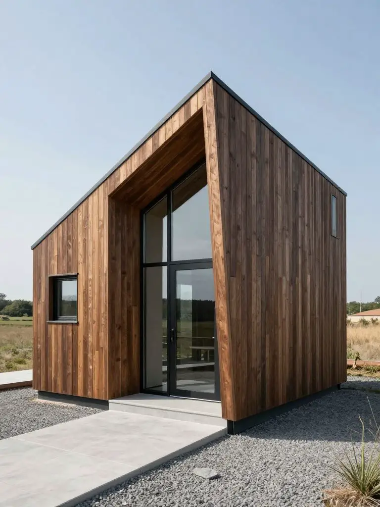 A bold, sculptural small cabin idea featuring dramatic asymmetrical rooflines and vertical timber cladding in a muted walnut stain.