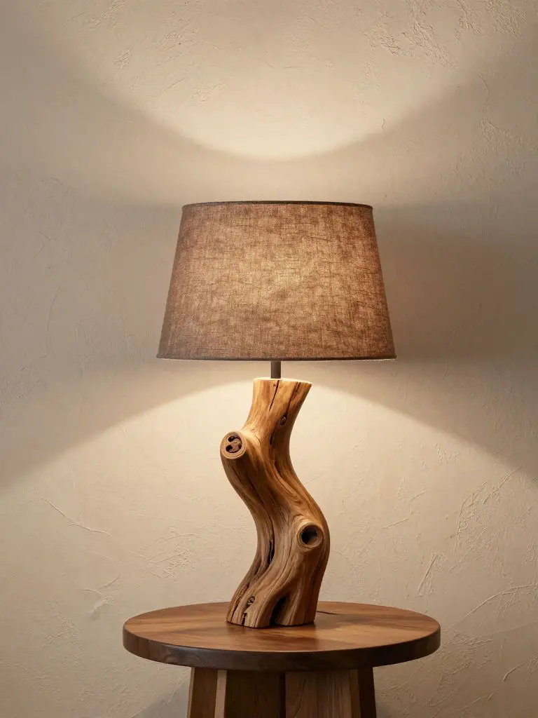 A sculptural driftwood table lamp displayed against a textured plaster wall in a mountain cabin interior.