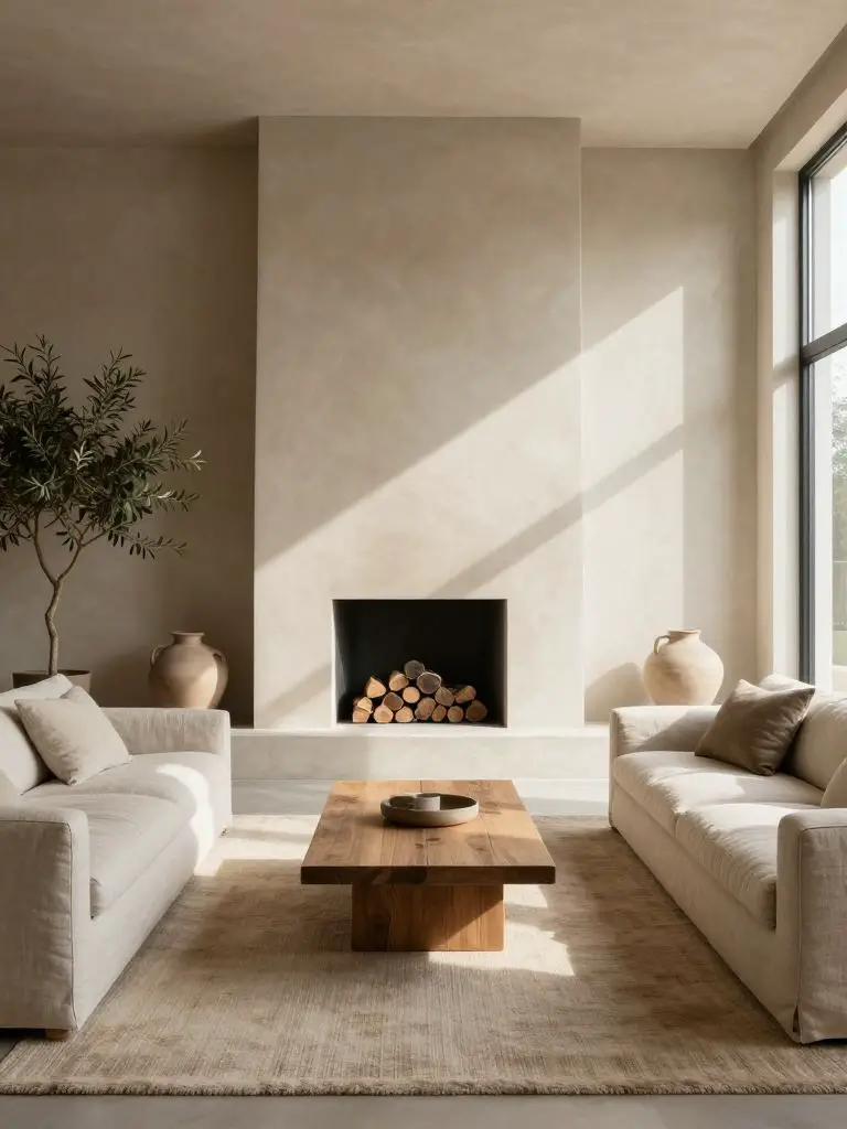 A sculptural minimalist neutral living room featuring a built-in plaster fireplace as the hero focal point, designed in a Warm Minimalist an.