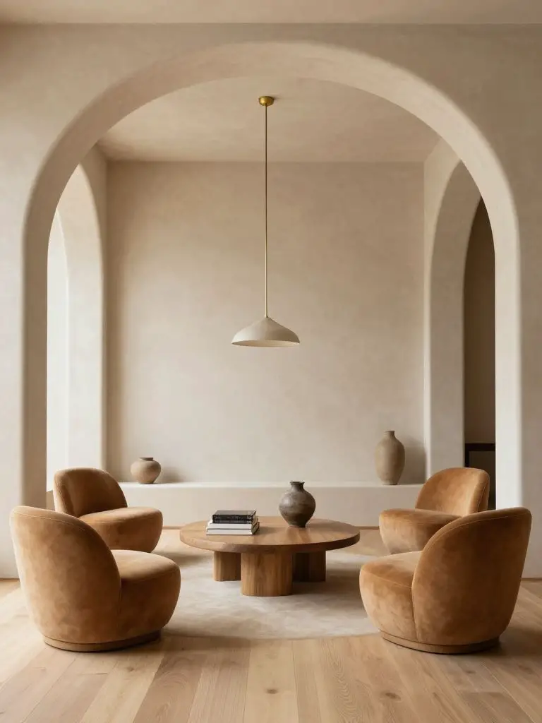 A sculptural modern earthy sitting room framed by elegant arched doorways in a Warm Minimalist style.