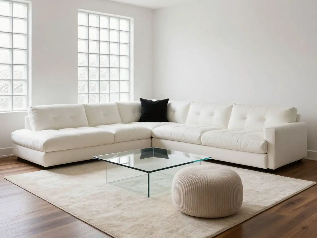 A contemporary minimalist living room with a sculptural white channel-tufted sectional as the hero subject, positioned in an L-shape along t.