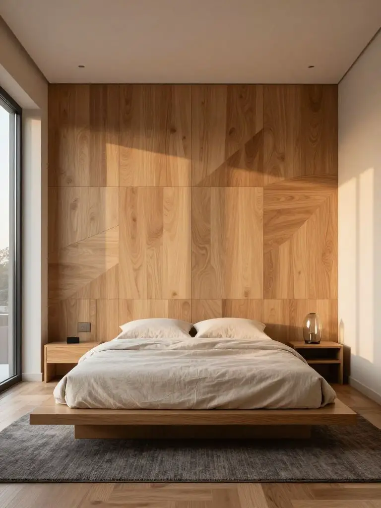 A Japandi master bedroom showcasing a sculptural wooden accent wall composed of geometric oak panels in soft natural tones.