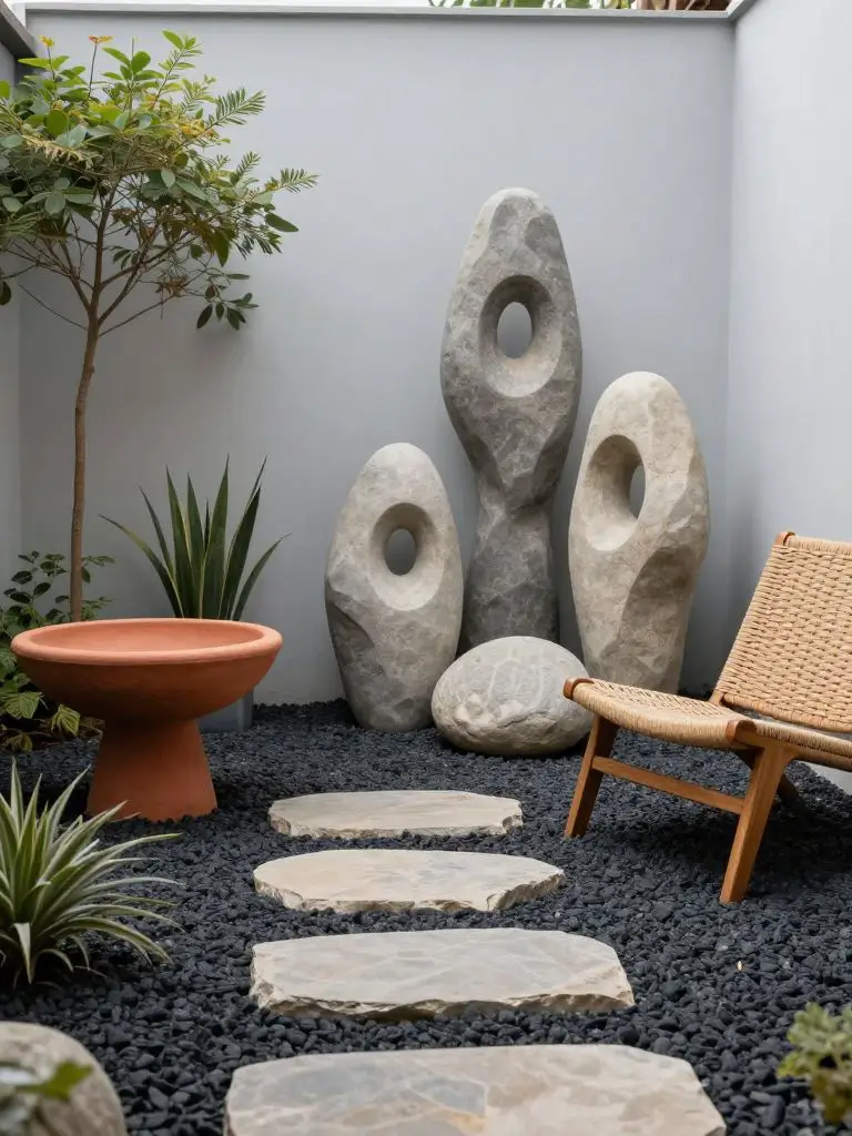 A sculptural Zen-inspired tiny backyard corner designed in Modern Rustic with artistic accents.