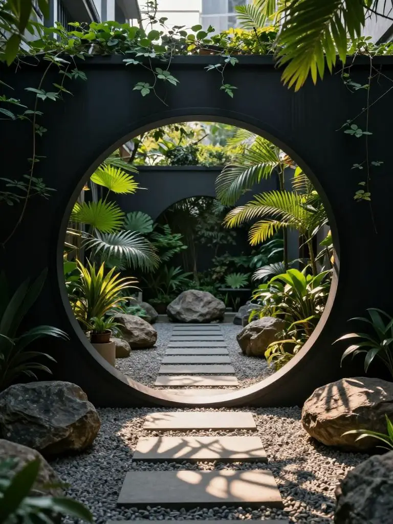 A secret courtyard small garden featuring a dramatic circular moon gate as the architectural focal point.