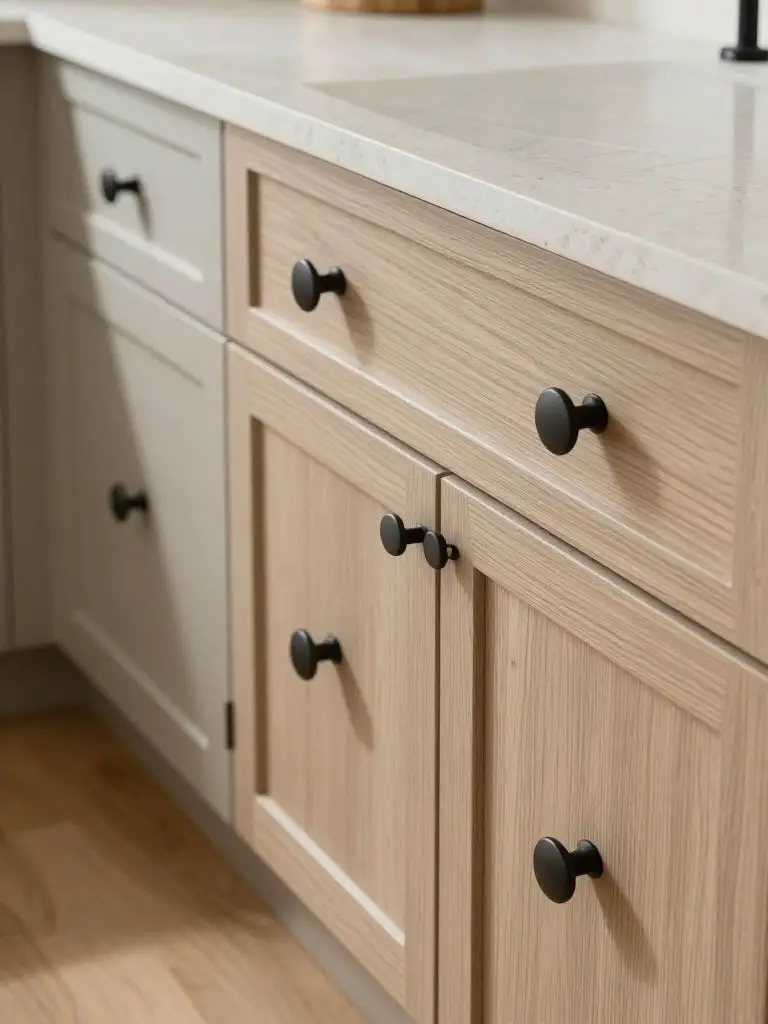 A detailed close-up of a modern farmhouse kitchen renovation highlighting matte black cup pulls and round knobs installed on light oak shake.