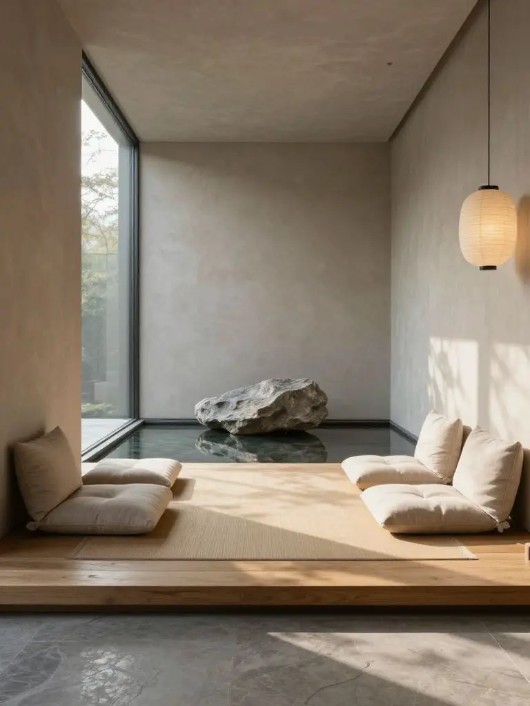 A tranquil indoor Zen-inspired Japanese Scandinavian corner with floor cushions arranged symmetrically on a low wood platform.