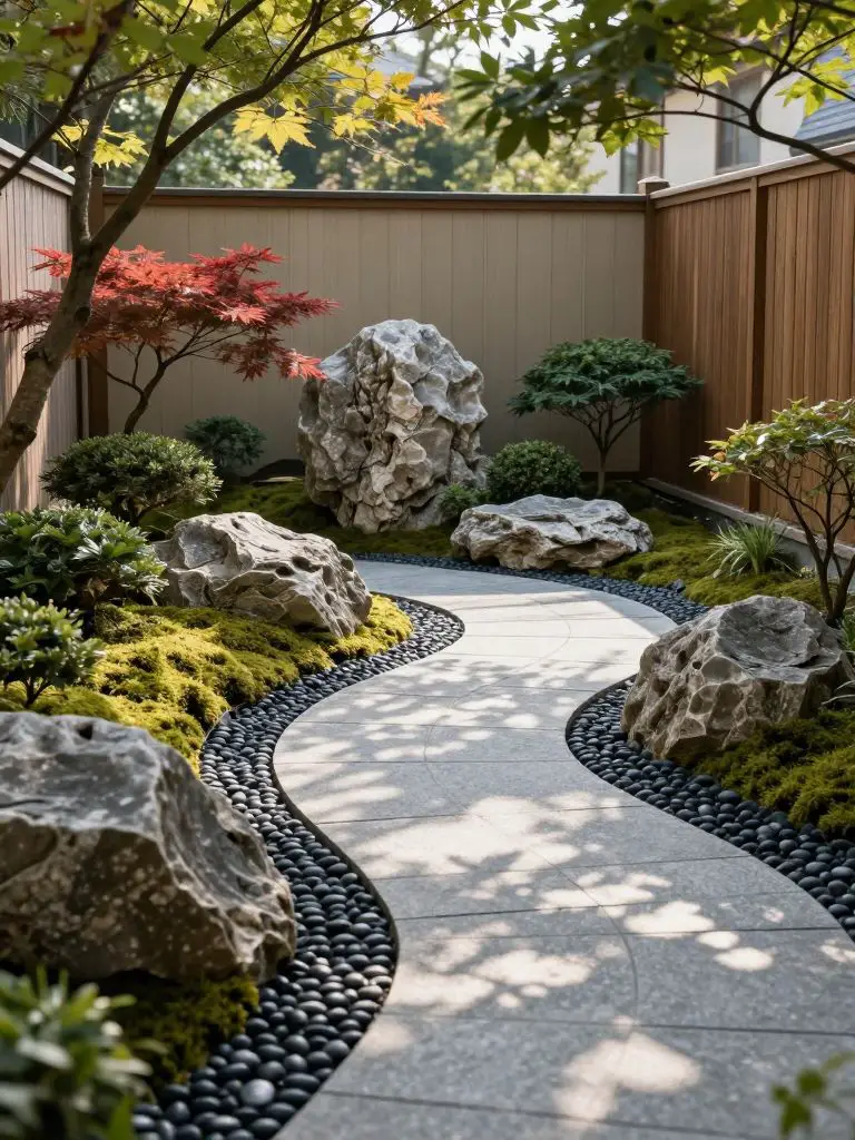 A serene Japanese-inspired small garden featuring a curved pebble pathway bordered by sculptural rocks and ornamental trees.