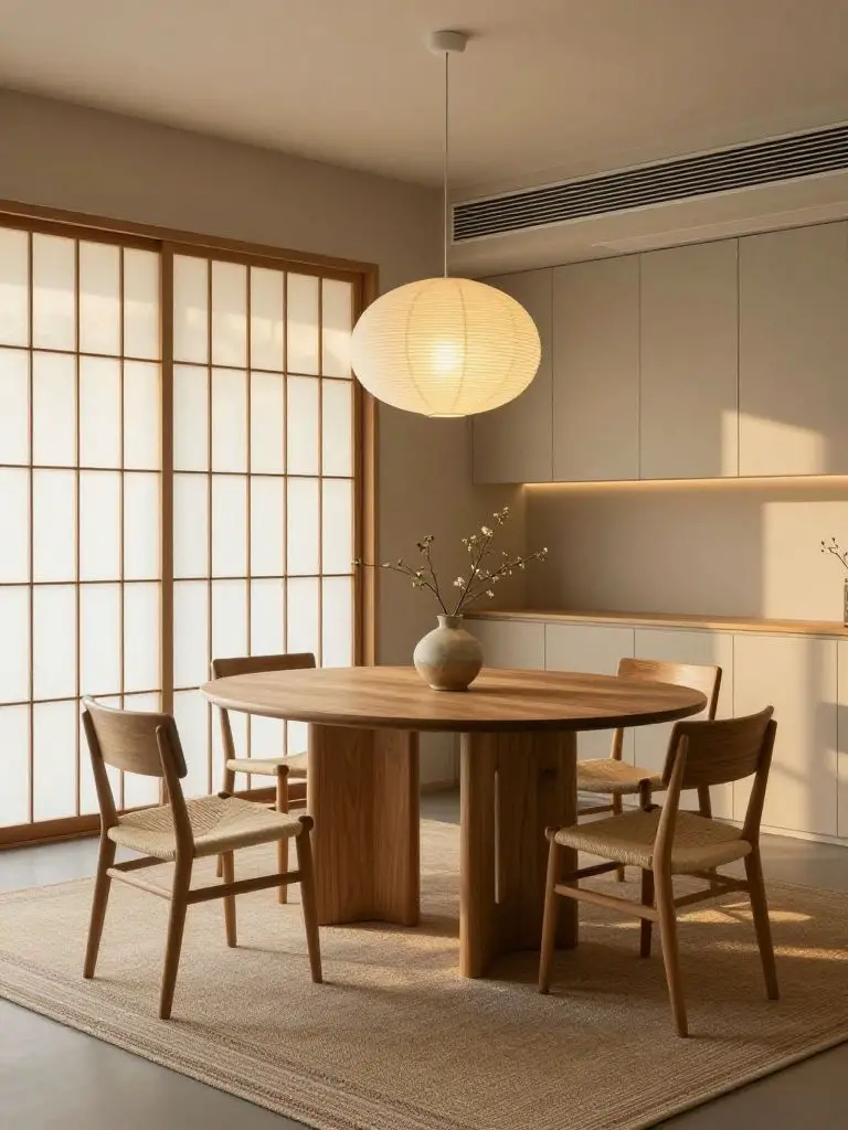 A serene Japandi dining room featuring an oval solid wood table centered on a neutral woven rug with subtle border detail.
