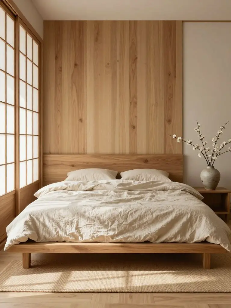 A tranquil Japanese Scandinavian bedroom featuring a low platform bed layered with crinkled linen bedding in soft ivory and oat tones.
