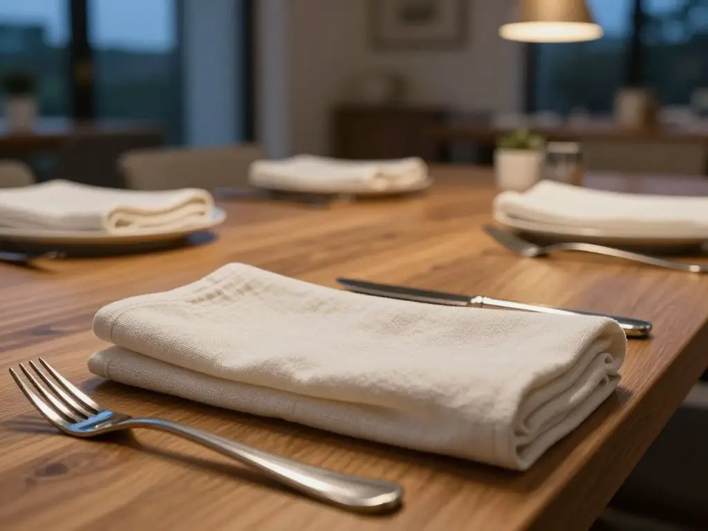 Photograph an elegant dining table set with neatly folded off-white linen napkins, arranged beside matte ceramic plates and polished flatwar.