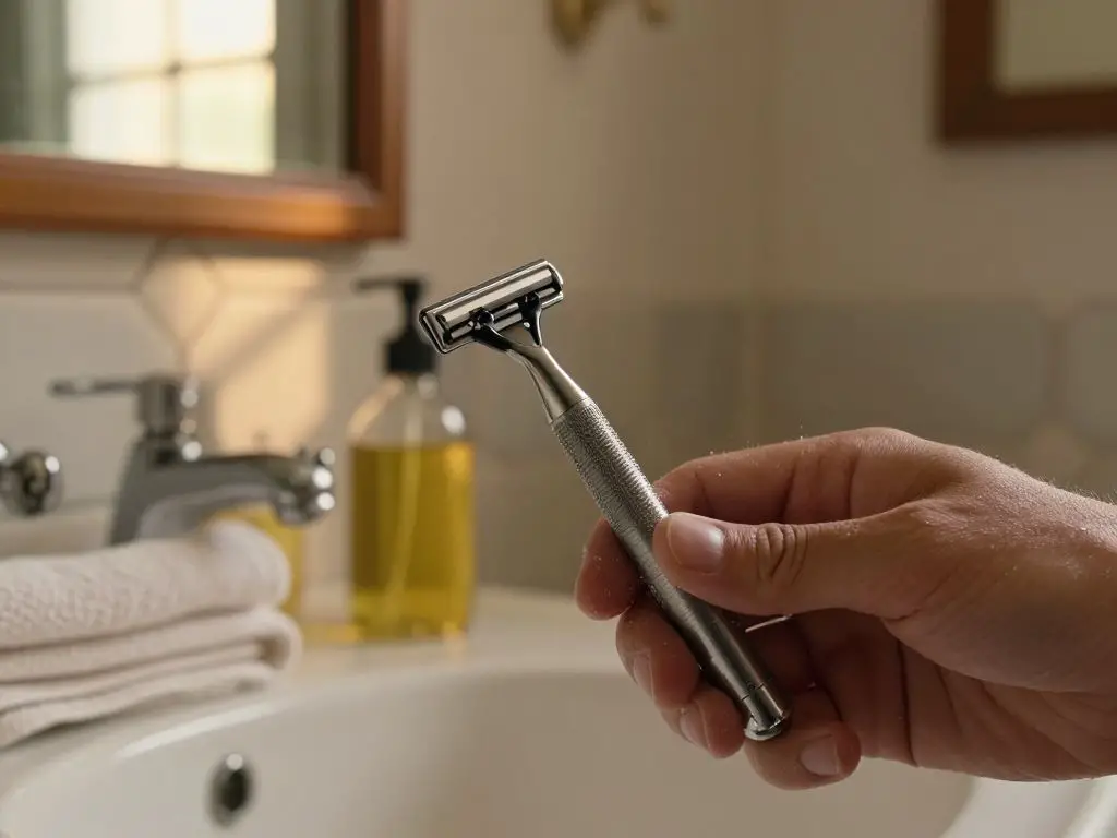 Capture a close-up action shot of a person shaving with a weighty, matte-finished metal safety razor in a warmly lit, classic bathroom at su.