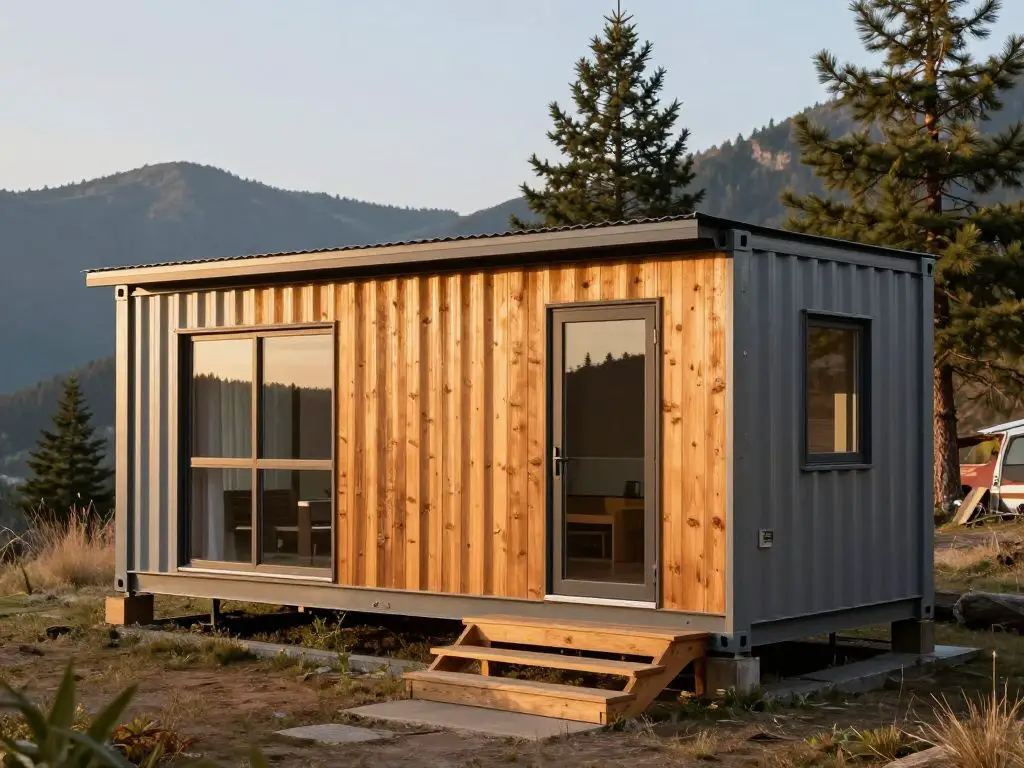 exterior photograph of converted shipping container cabin with wood cladding accent wall, large windows cut into steel sides, small covered.