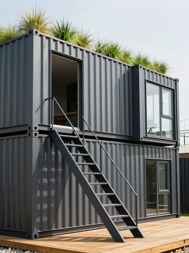 exterior of a modern shipping container home with stacked containers, metal cladding, and green roof accent.