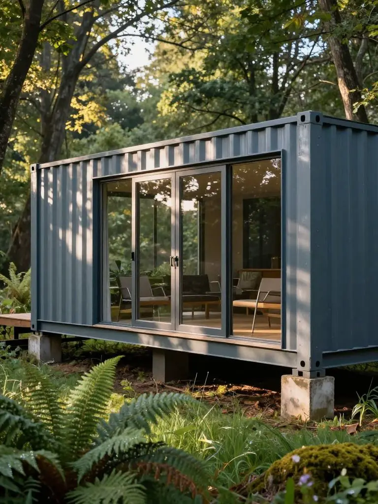 A hyper- architectural photograph features a corrugated steel shipping container home nestled in a lush forest clearing, the structure eleva.